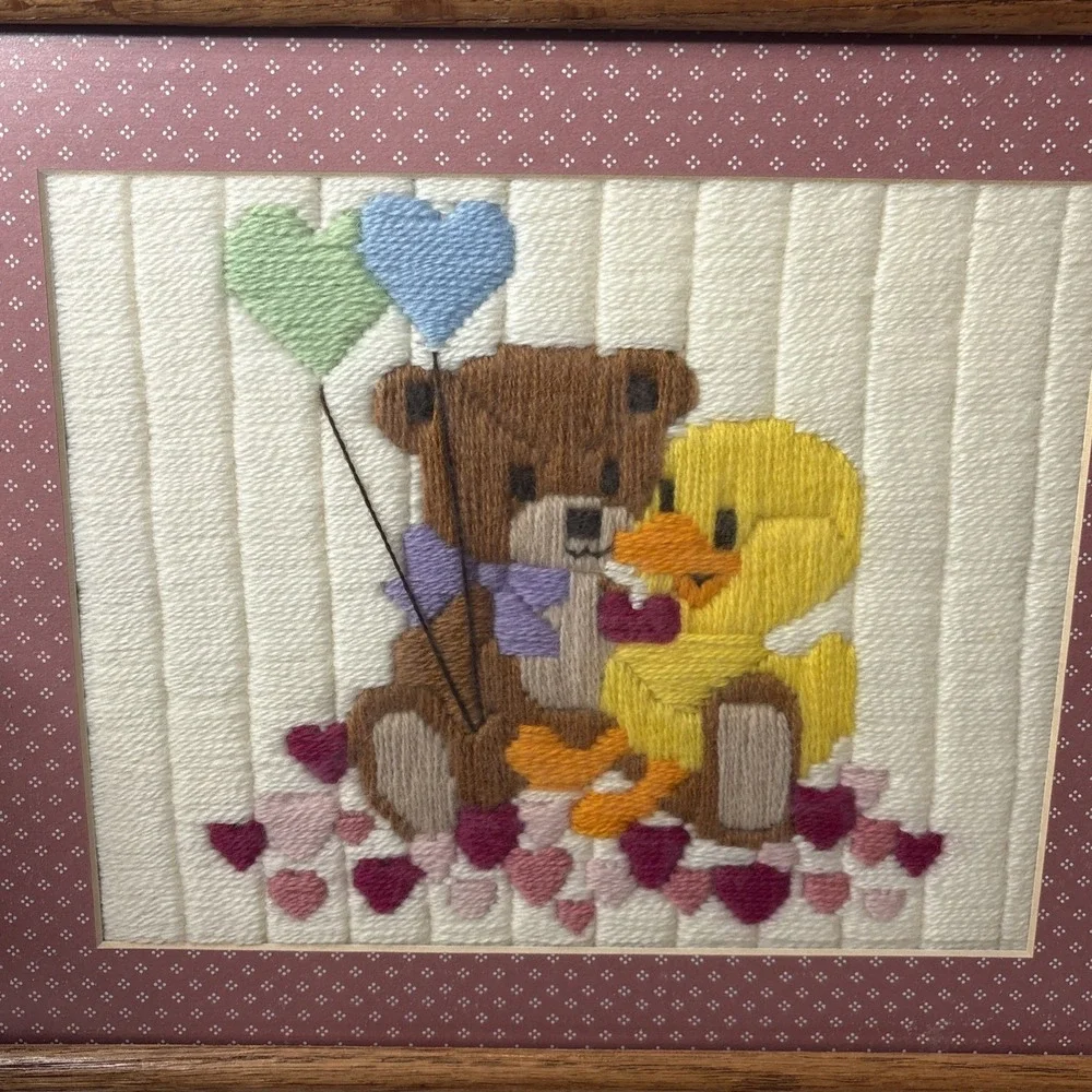 Vtg Crewel Embroidery Creative Circles Little Buddies Bear Duck Framed‎ Picture